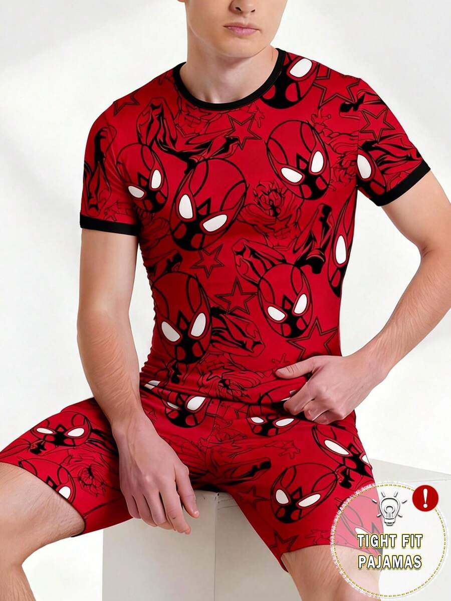 适合青少年男孩的舒适睡衣套装，黑色短袖上衣，带超级英雄印花和全身游戏控制器印花短裤，夏季