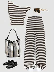 SHEIN Tween Girl Casual Asymmetric Textured Brown & White Striped Cropped Off-Shoulder T-Shirt And Pants 2-Piece Set - Brown - View 7