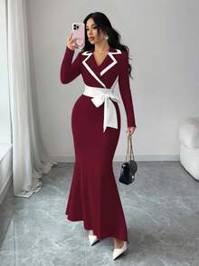 Elenzga Women's Elegant Casual Christmas New Year Party Thanksgiving Fitted Knit Cinched Waist Contrast Color Tie Waist Dress, Black & White - Burgundy - View 6