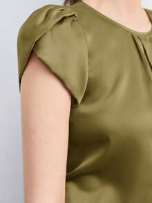 BizChic Áo sơ mi nữ màu xanh lá cây cổ tròn, tay bồng xếp ly, kiểu dáng tối giản, phù hợp cho mùa xuân/hè, đa năng cho các dịp thường ngày, trang trọng, dự tiệc, đi biển, lễ tốt nghiệp và nhiều hơn nữa. - xanh quân đội - Xem 5