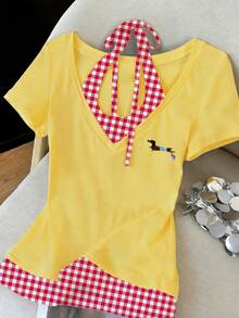 Resyla 女士夏季时尚通勤度假风刺绣拼接格子打结露背二合一T恤 - 彩色 - 查看 1