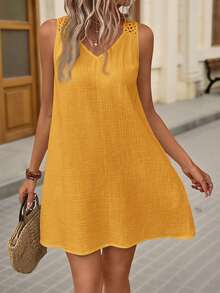 Brillora 夏季波西米亚风纯色镂空黑色吊带裙 - 黃色 - 查看 4