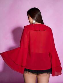 Viva Relle 大码优雅通勤纯色喇叭袖荷叶边下摆衬衫 - 紅色 - 查看 6