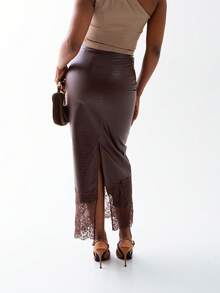 OverBlushhh Women's Elegant Faux Leather Crocodile Texture High-Waisted Straight Pencil Skirt With Lace Slit,Shades Of Brown,Autumn,Date,Work Office Long Skirt - Brown - View 3