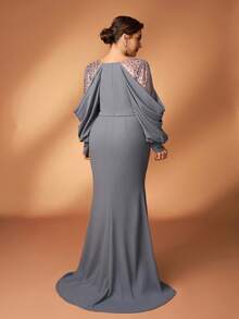 Serin Plus Size Rose Gold Spring Elegant Evening Mermaid Dress,Gray Sequin Embroidered Patchwork Elastic Knit Asymmetric Ruffle Sleeve Fitted Party Gown - Grey - View 4