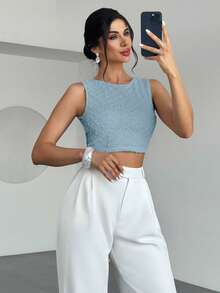 Firerie 女士杏色圆领无袖露背T恤上衣，纹理面料，夏季上衣，女士休闲度假上衣 - 藍色 - 查看 8