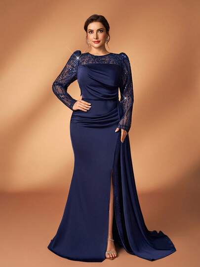 Serin Robe asymétrique en satin bleu marine élégante et luxueuse avec broderie de sequins, manches longues transparentes, froncée, style sirène. Convient pour soirée, cocktail, mariage, mère de la mariée, invité