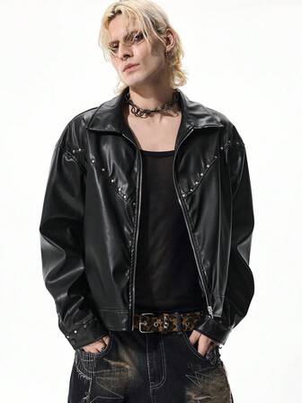 Street Life Giacca casual da uomo in stile punk di strada, in pelle PU con decorazione di rivetti, cerniera e collo alto, adatta per l'autunno