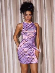 Y2Kool Maria Clara Maia Purple Plaid Music Note & Heart Y2K Girly Casual Mini Dress, Suitable For Autumn/Winter Parties, Holidays, Valentine's Day, And Daily Wear - Purple - View 3