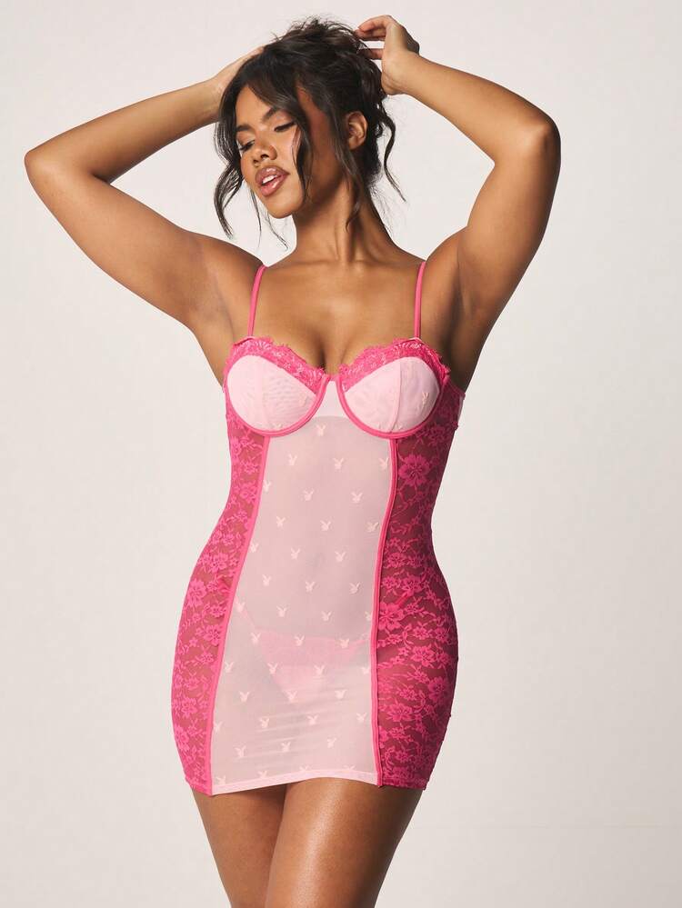 Missguided x Playboy Lace Panel Bustier Mini Dress With Sweetheart Neckline And Adjustable Straps Bodycon Fit Evening Lounge Wear For Valentine