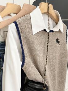 Franclia Plus Size Contrast Color Trim Casual Knit Sleeveless Sweater Vest - Grey - View 3