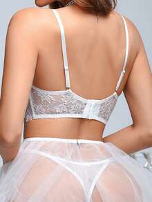 Crystal Vow Conjunto de lencería nupcial romántica blanca de 3 piezas: minifalda de tul, sujetador largo de encaje, tanga, sujetador con aros y malla - Blanco - Ver 2
