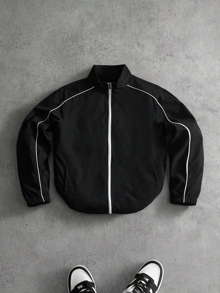 PAVTROS Jaqueta Casual Solta com Zíper e Gola Padre para Homens - Preto - Visão 1