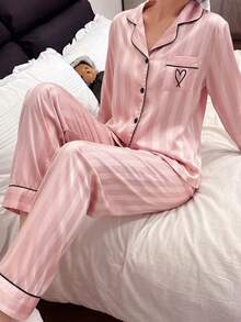 青少年女孩睡衣套装：香槟色条纹长袖开衫和长裤 - 西瓜粉 - 查看 1