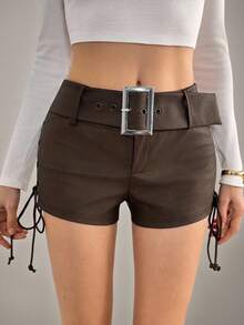 SHEIN Tall Pantalones cortos de mujer con detalle de ojales y amarre lateral en la cintura, color chocolate - Marrón - Ver 4