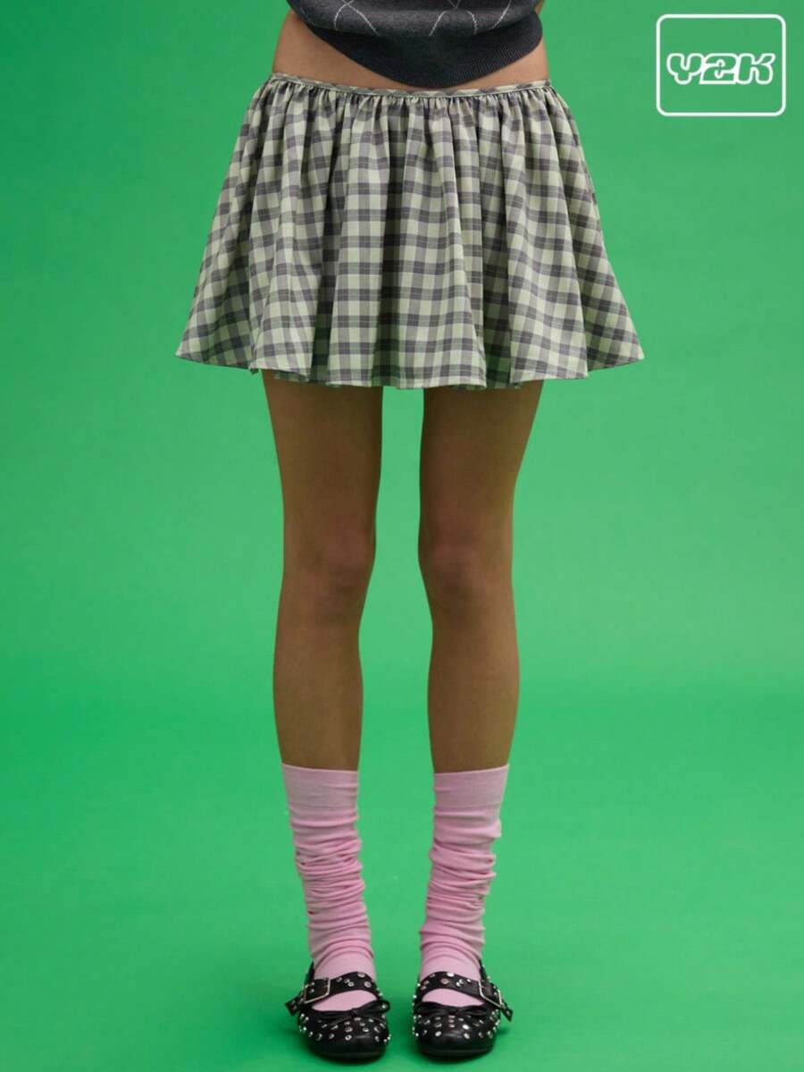 COUREZ Tailored Low Rise Check Mini Skirt Y2K Vintage - Multicolor - View 1