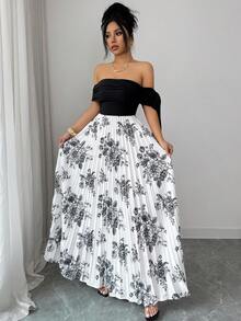 Elenzga Đầm trễ vai xếp ly thắt nơ dây buộc, thiết kế 2 trong 1, họa tiết hoa đen trắng phối màu ngẫu nhiên, ôm eo tôn dáng, kiểu dáng Pháp thanh lịch, thích hợp cho cả đi nghỉ mát và công sở, dáng chữ A tay ngắn. - màu đen - Xem 4