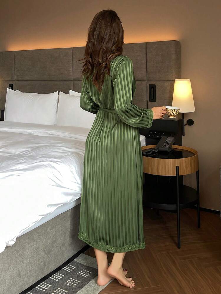Lace Trim Striped Jacquard Satin Mid-Length Women Robe