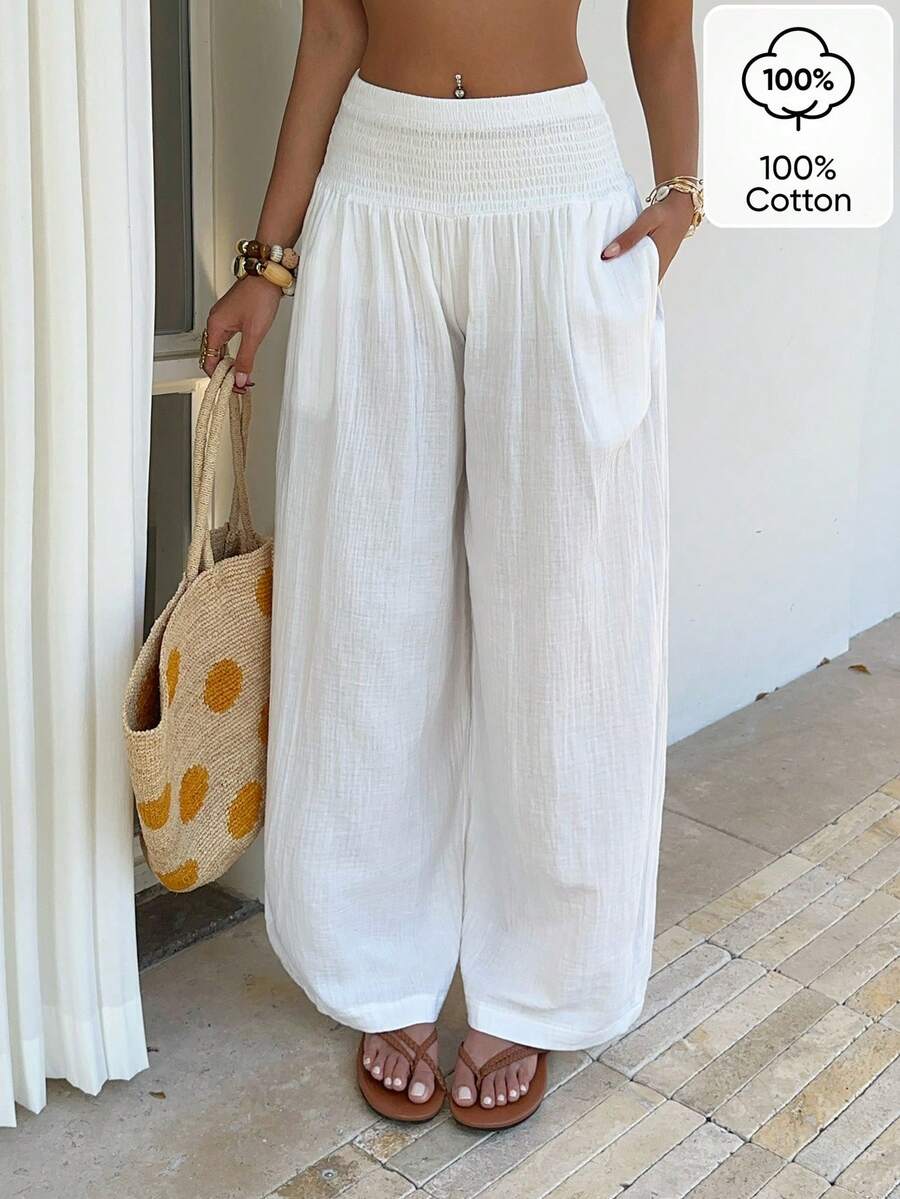 Sunnyshic Quần nữ thanh lịch màu trơn có túi xéo, cạp chun. - trắng - Xem 1