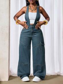 Slaydiva Plus Size Women Sleeveless Buttoned Denim Jumpsuit With Pockets, Casual & Versatile For Commuting & Outings - Blue - View 7