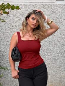 Jeta Ari Women's Plain Square Neck Pleated Slim Fit Casual Top - Red - View 6
