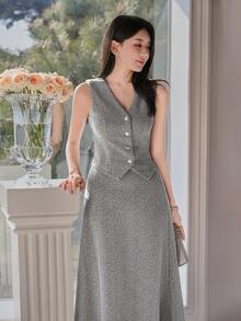 DAZY Women's Elegant Commuter Vest & Skirt 2 Pieces Set - Grey - View 5