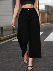 SHEIN ICON 大码女式高腰阔腿个性时尚七分牛仔裤 - 黑色 - 查看 6