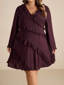 SHEIN CURVE+ 大码长袖连衣裙，浪漫荷叶边下摆，适合约会、旅行、女士节日派对、优雅场合、生日装扮、网纱性感连衣裙、生日礼服、圣诞派对 - 中紫紅色 - 查看 3