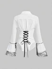 ROMWE Goth Blusa ajustada de mujer con volantes y encaje de tela de araña gótica - Blanco - Ver 2