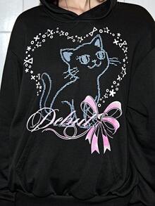 ROMWE Kawaii Cute Cat Print Cat Ear Women Hooded Sweatshirt - Black - View 2