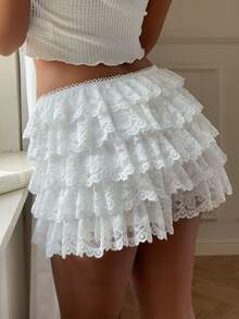 CovetEZ Women's Solid Color Minimalist Lace Shorts, Everyday Wear - White - View 2