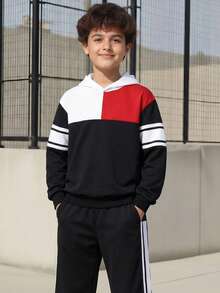 Vacaura 男童两件套套装，包括带帽拼接上衣和抽绳腰运动裤，舒适休闲百搭，适合室内外穿着，春秋季。 - 彩色 - 查看 3