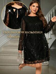 SHEIN Clasi 大码女式亮片拼接流苏网纱圆领长袖优雅连衣裙 - 黑色 - 查看 2