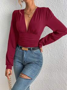 SHEIN Tall 女士纯色深V领长袖褶皱连体衣 - 紅木色 - 查看 7