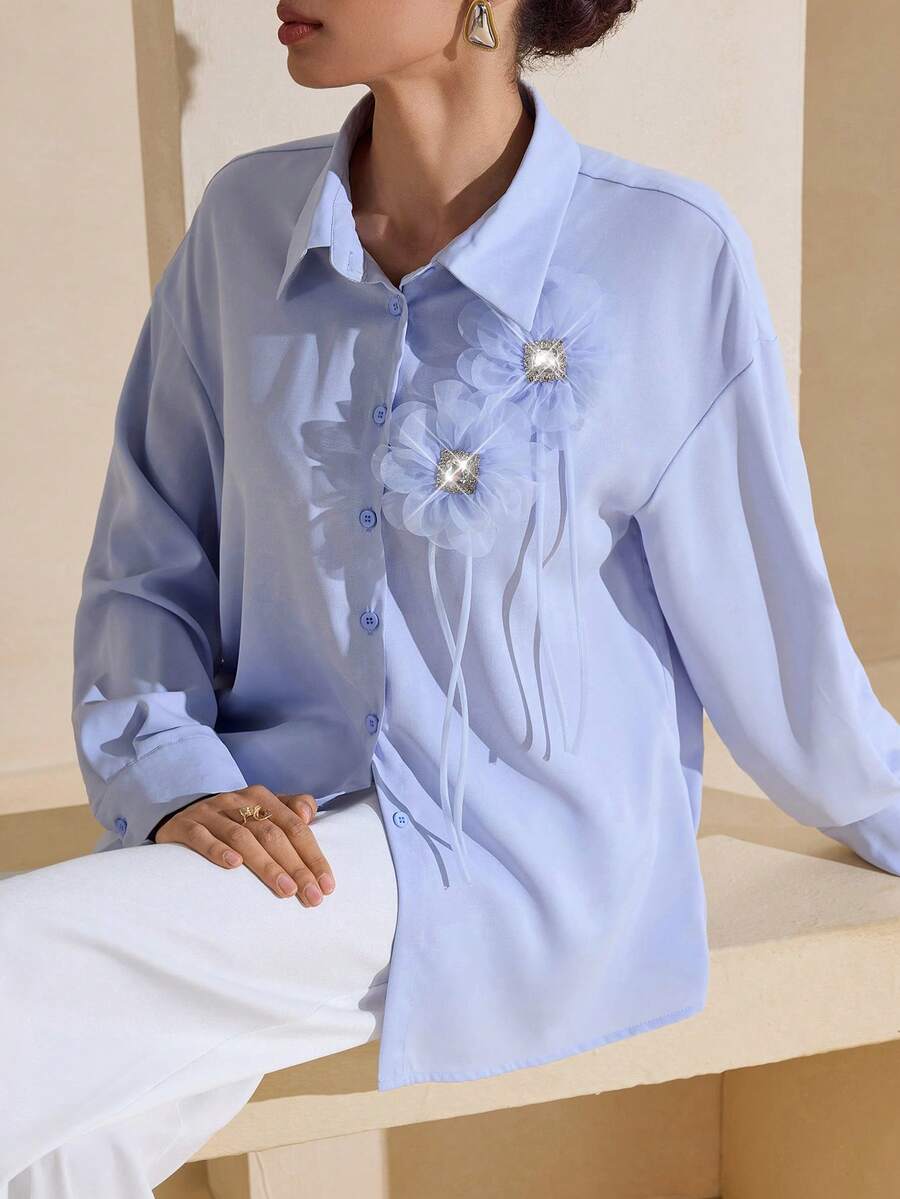 Graceveil 休闲3D立体花卉蓝色女式衬衫 - 藍色 - 查看 1