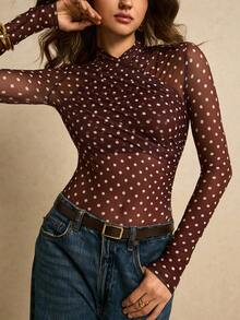 Poéselle 女士波点印花裹身修身长袖连体衣 - 酒紅色 - 查看 4