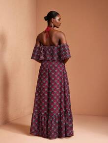 JIAN LASALA All-Over Print Chiffon Halter Neck Tie Off-Shoulder Ruffled Wide-Leg Women Casual Jumpsuit Beach Wedding Guest - Multicolor - View 2