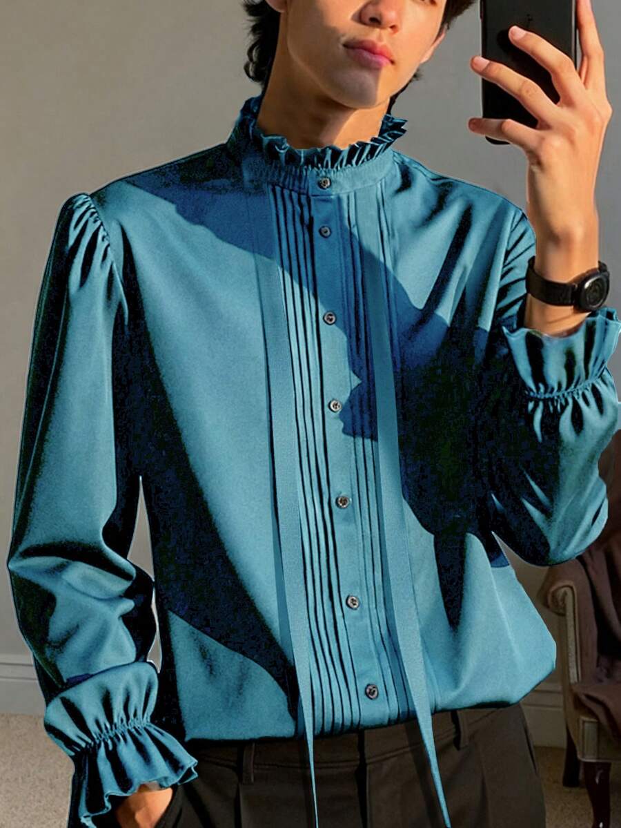 Manfinity AFTRDRK Áo sơ mi nam dài tay cổ đứng màu trơn, áo sơ mi nam màu xanh ngọc, áo sơ mi nam xanh đen, áo sơ mi nam xanh dương, áo sơ mi nam màu ngọc lam, áo sơ mi thiết kế màu xanh dương, áo sơ mi xếp ly phía trước, áo sơ mi cổ bèo, áo sơ mi nam màu xanh ngọc. Thích hợp cho phong cách cổ điển, mặc hàng ngày, đi chơi cuối tuần, hoạt động ngoài trời, du lịch, môi trường làm việc thoải mái hoặc các dịp bán trang trọng, quà tặng cho bạn trai/chồng, quà kỷ niệm/sinh nhật, tiệc tùng, mùa hè, năm mới, đám cưới, ngày Valentine. - Màu xanh lam - Xem 1
