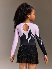 Tween Girl Contrast Color Print Dance & Ice Skating Activewear, Embellished With Shiny Rhinestones - Multicolor - View 2