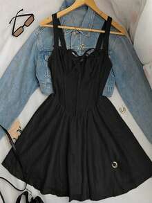 INAWLY 女士可爱蝴蝶结腰部镂空A字吊带迷你连衣裙，甜美优雅，适合夏季 - 黑色 - 查看 1