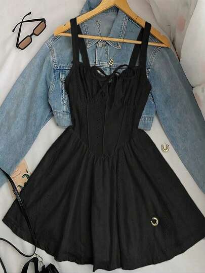 INAWLY 女士可爱蝴蝶结腰部镂空A字吊带迷你连衣裙，甜美优雅，适合夏季