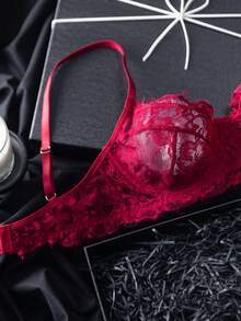 2pcs Set Mature Rose Red Lace Patchwork Lingerie Set