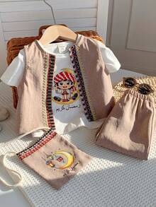 SHEIN 四件套包括：斜挎包、可爱撞色卡其色背心外套、白色T恤、松紧腰卡其色灯笼裤，适合生日派对、锐舞派对、晚宴、演出、婚礼、迎婴派对、洗礼和一周岁生日庆祝活动。 - 彩色 - 查看 3