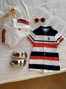 SHEIN 2pcs Newborn Baby Boy Casual Cute Striped Print Polo Collar Short Sleeve Romper Set, Suitable For Birthday Party, Rave, Evening Party, Performance, Wedding, One Month Celebration, Baptism And First Birthday Baby Boy Red White And Blue Outfit Boy Summer Sets Baby Boy Clothes Polo Summer Wear For Boys - Multicolor - View 6