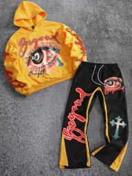 Street Life Men's Letter & Glasses Print Hoodie Sweatshirt And Drawstring Waist Sweatpants Casual Suit