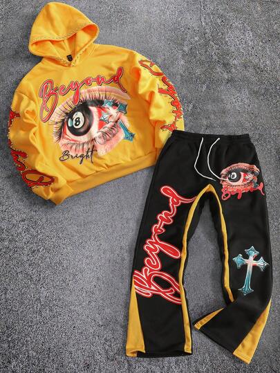 Street Life Conjunto informal de sudadera con capucha con estampado de letras y gafas, y pantalón de chándal con cordón en la cintura para hombre