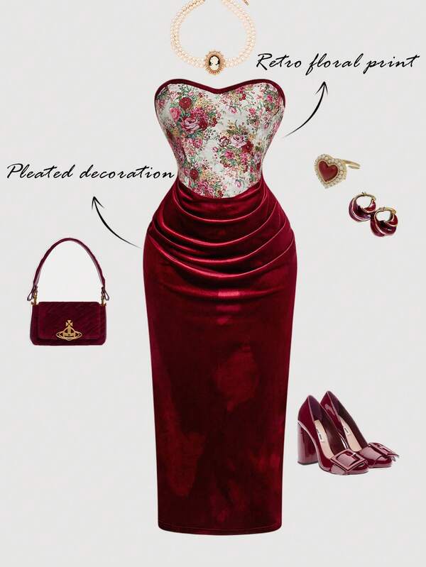 SHEIN MOD Plus Size Women Vintage Floral Corset Spliced Strapless Long Dress In Bronte Red – Romantic Vintage Court Dress For Date, Party, Prom, Festival, And Birthday Wear.Spring/Summer Holiday Party Outfits & New Year Outfits