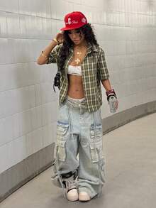 StreetHx Women's Plaid Single-Breasted Casual Short Sleeve Shirt, Streetwear - Green - View 6