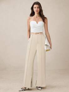BizChic Pantalones de traje de mujer con diseño de pliegue frontal, cintura de encaje y bolsillos laterales, versátil para la oficina, ocasiones sociales y estilo Y2K, nueva colección primavera/verano en color albaricoque - Caqui - Ver 3