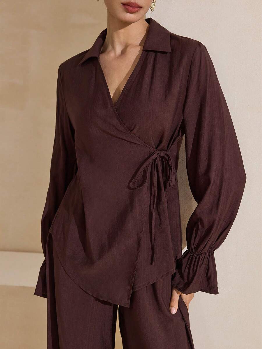 Graceveil 两件套女士纯色衬衫领侧系带优雅休闲套装 - 咖啡棕 - 查看 1